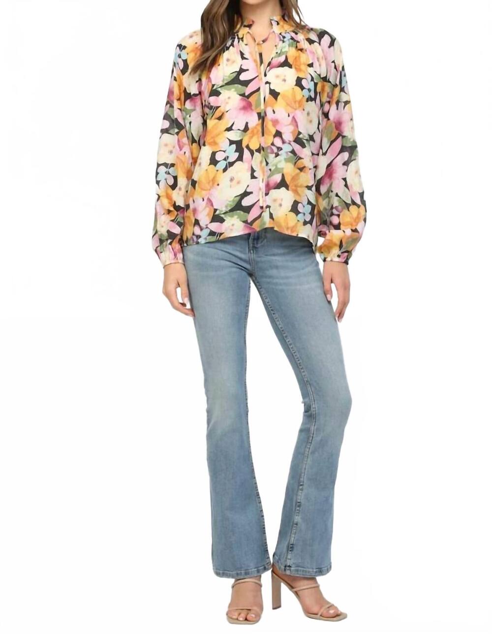 NEW FATE bold floral ruffled high neck blouse in black multi